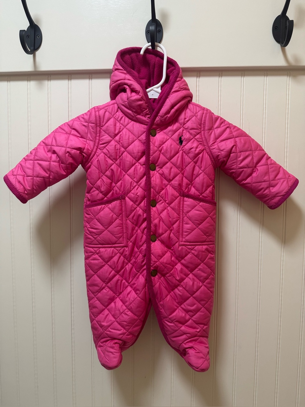 Ralph Lauren Baby Girls Pink Quilted Fleece-Lined Hooded Bunting Snowsuit 3M